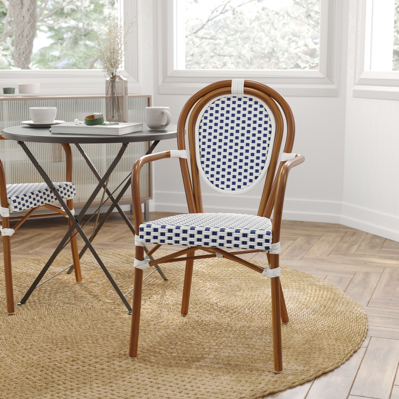 Merrick Lane Celia Stacking Thonet Bistro Style Chair with Arms, PE Rattan Seat, and Metal Frame for Indoor/Outdoor Use